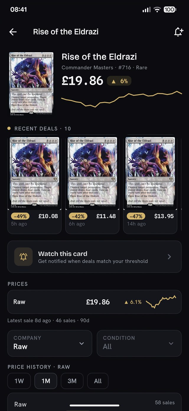 A Cardboard Deals card page with live price, trend and recent deals
