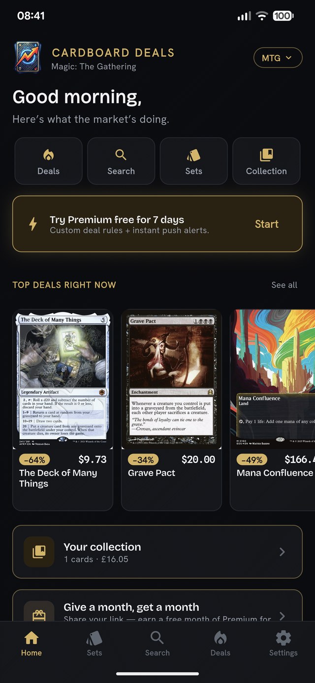 The Cardboard Deals home screen showing today's top deals